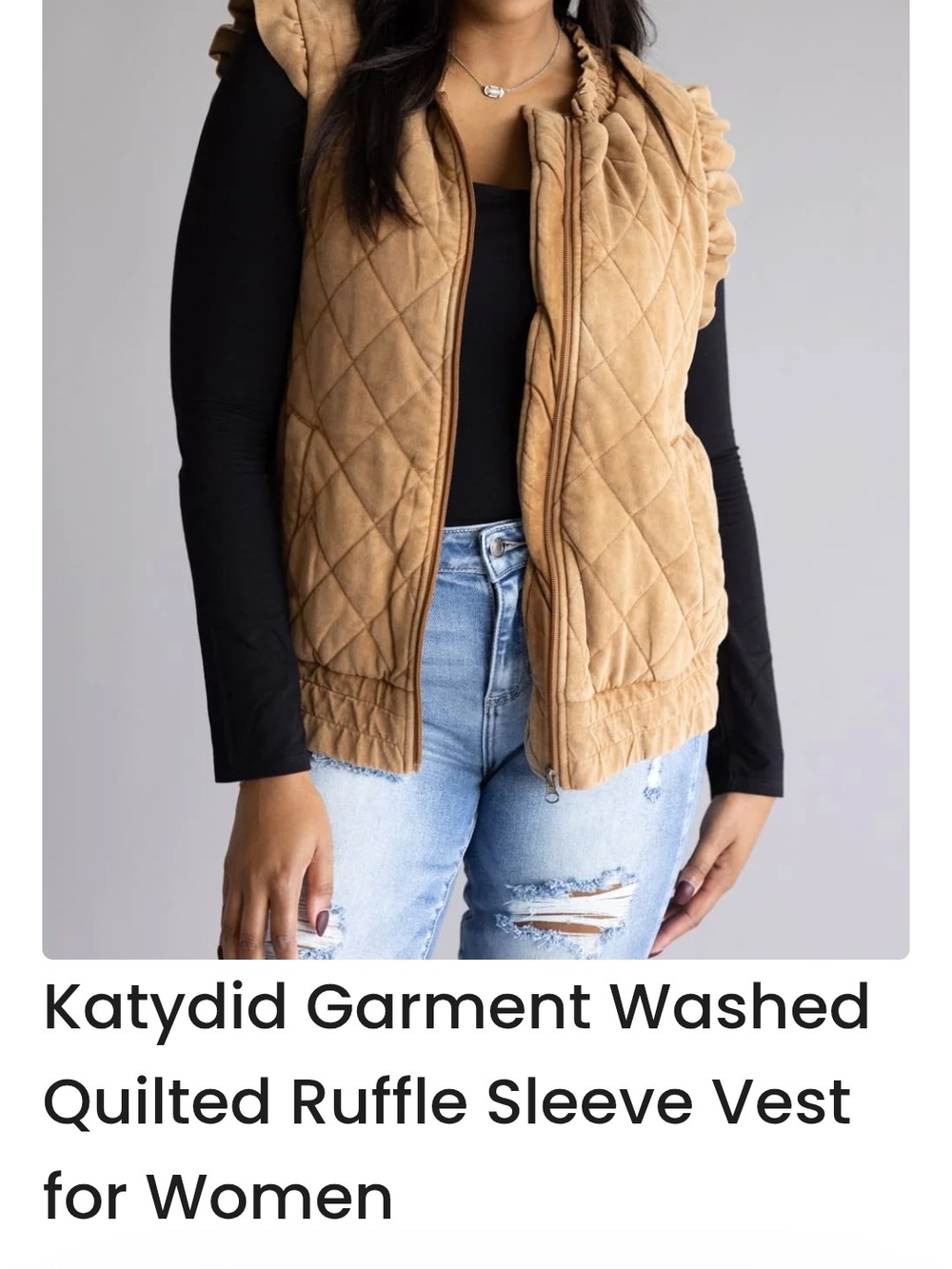Katydid Washed Quilted Ruffle Sleeve Vest in Camel